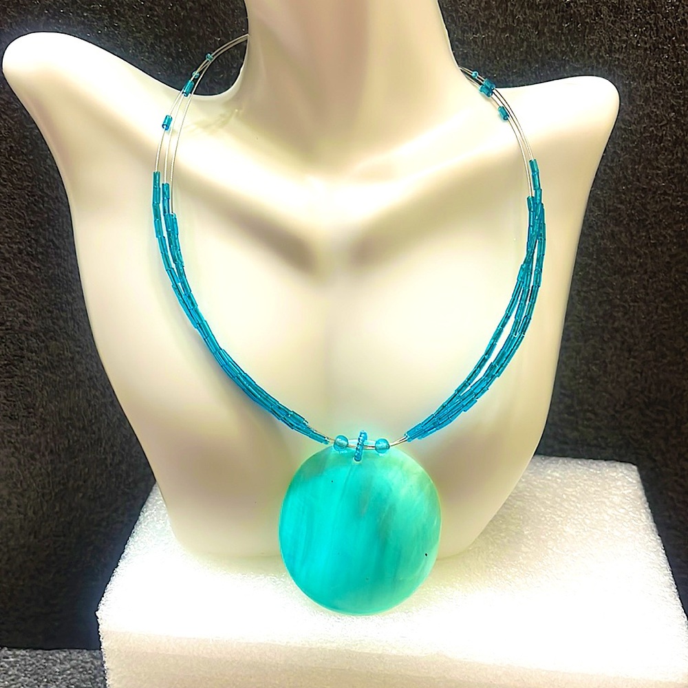 Triple-Tier Blue Choker Necklace with Dangling Disk Pendant